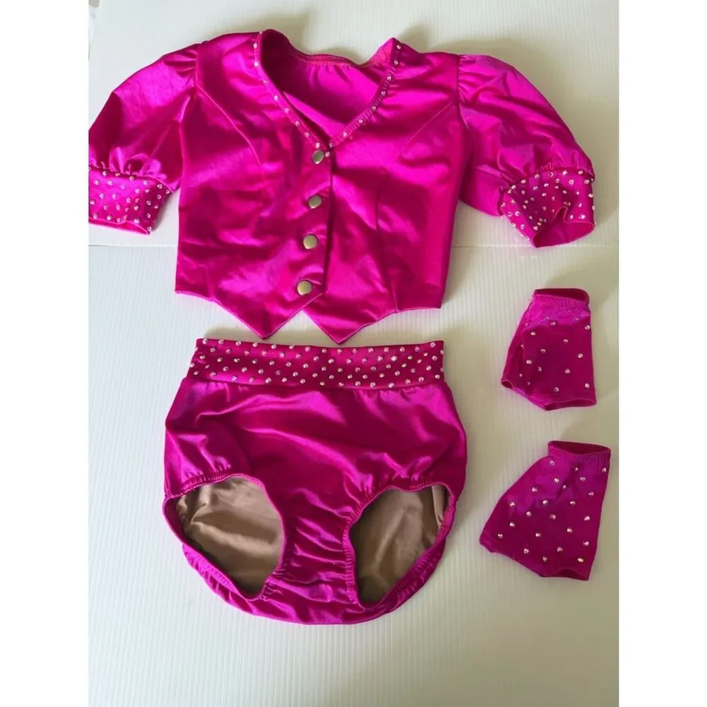 Kelle dance costume 2 piece hot pink vest briefs rhinestoned MC-Medium child
